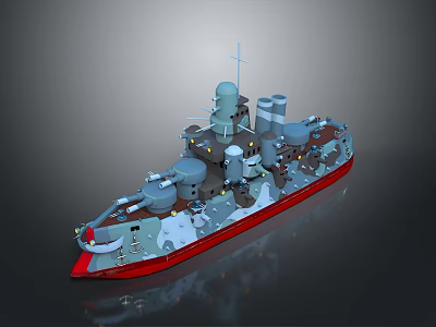 Detailed Warship Model With Red Hull Displaying Turrets Smokestacks And Deck Structures 3d model