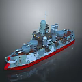 Detailed Warship Model With Red Hull Displaying Turrets Smokestacks And Deck Structures 3d model
