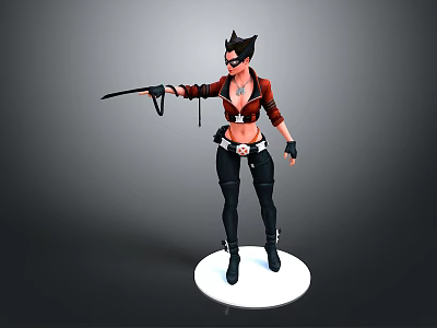 Cat Eared Female Warrior Character In Red Black Outfit Holding Weapon Standing On White Base 3d model