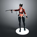 Cat Eared Female Warrior Character In Red Black Outfit Holding Weapon Standing On White Base