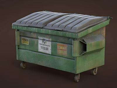 Outdoor Public Green Trash Bin With Wheels Lid And Warning Labels 3d model