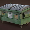 Outdoor Public Green Trash Bin With Wheels Lid And Warning Labels