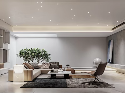 Modern Basement Interior Design With Comfortable Sofa Coffee Table And Potted Plant 3d model