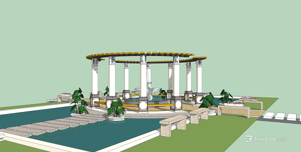 Garden Landscape Design With Circular Pergola White Columns Water Pool Green Trees And Stone Benches 3d model 