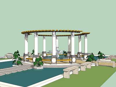 Garden Landscape Design With Circular Pergola White Columns Water Pool Green Trees And Stone Benches 3d model