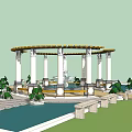 Garden Landscape Design With Circular Pergola White Columns Water Pool Green Trees And Stone Benches