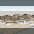 Modern Commercial Street with Wooden Buildings Blue Sky and Trees Scenic Urban Landscape