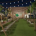 Outdoor Event Space With Green Lawn Tables Chairs Umbrellas And Trees