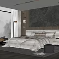 Modern Bedroom Interior With Textured Stone Wall Large Bed Mountain View Window And Leather Armchair