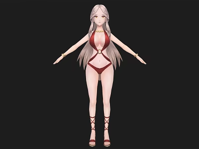 Woman in Red Bikini with Long Hair and Strappy Sandals on Black Background 3d model