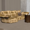 Plush Golden Multi Seater Sofa In Modern Living Room With Side Table And Window Curtains