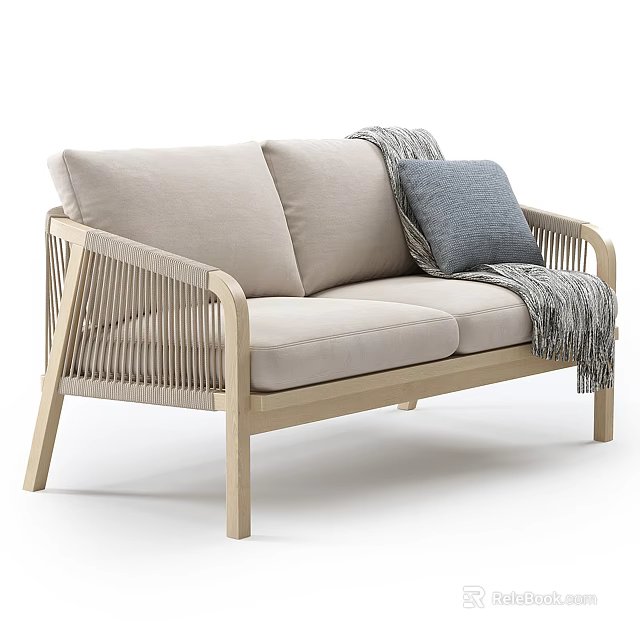 Light Wood Two Seater Sofa With Beige Cushions Rattan Armrests Gray Pillow And Knitted Throw 3d model 