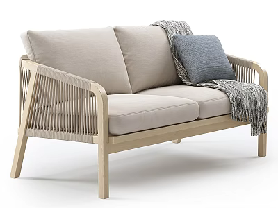 Light Wood Two Seater Sofa With Beige Cushions Rattan Armrests Gray Pillow And Knitted Throw 3d model