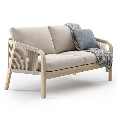 Light Wood Two Seater Sofa With Beige Cushions Rattan Armrests Gray Pillow And Knitted Throw 3d model