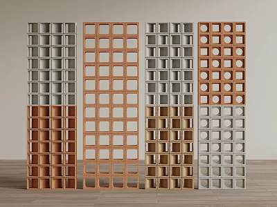 Modern Room Dividers With Grid Patterns Square Circular Holes And Wooden Gray Tones 3d model