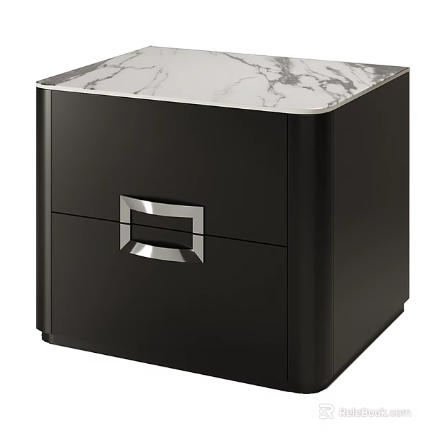 Black Modern Nightstand With Marble Top And Silver Handle Drawer 3d model 