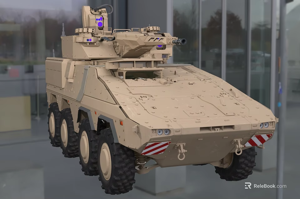 Sand Colored Wheeled Tank With Turret And Weapon System Displayed In Modern Building 3d model 