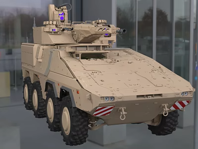 Sand Colored Wheeled Tank With Turret And Weapon System Displayed In Modern Building 3d model