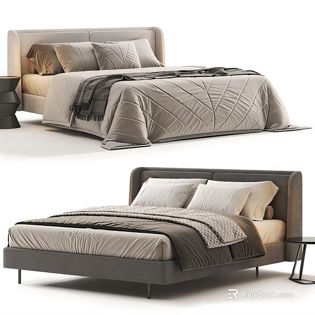 Modern Double Bed Design With Gray Bedspread Decorative Pillows And Nightstand 3d model