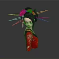 Traditional Japanese Woman In Red Kimono With Black Hair And Red Flower Hairpins