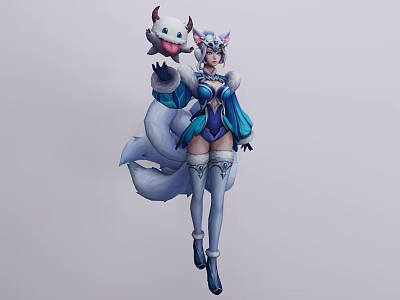 Fantasy Game Character In Blue White Outfit With Fox Tail And Headdress Holding Small Creature 3d model