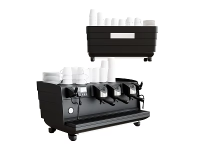 Black Commercial Espresso Machine With Three Group And Stacked Coffee Cups 3d model