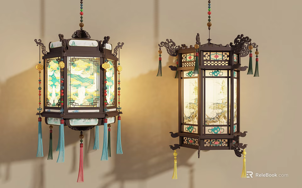 Traditional Chinese Lanterns With Decorative Tassels Painted Scenery And Intricate Wooden Frames 3d model 