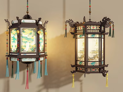 Traditional Chinese Lanterns With Decorative Tassels Painted Scenery And Intricate Wooden Frames 3d model