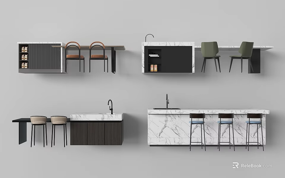 Modern Bar Counter Interior With Marble Top Wooden Cabinets And Bar Stools 3d model 