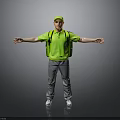 Man in Green T shirt Green Cap With Backpack Arms Outstretched on Gray Background