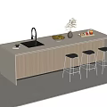 Modern Light Wood Bar Counter With White Top Sink Fruits Vase And Three Black Stools