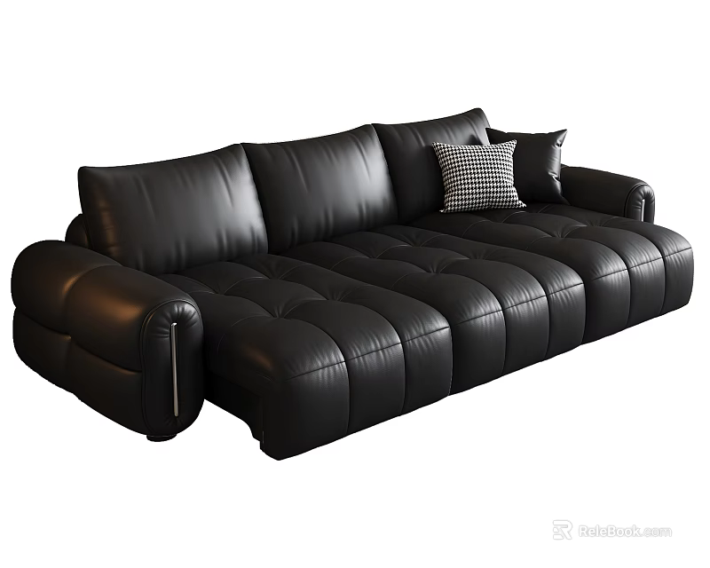 Modern Black Leather Sectional Sofa With Tufted Design Multiple Seats And Accent Pillows 3d model