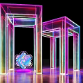 Colorful Transparent Pillar Structure With Neon Lights And Geometric Shape On Reflective Floor
