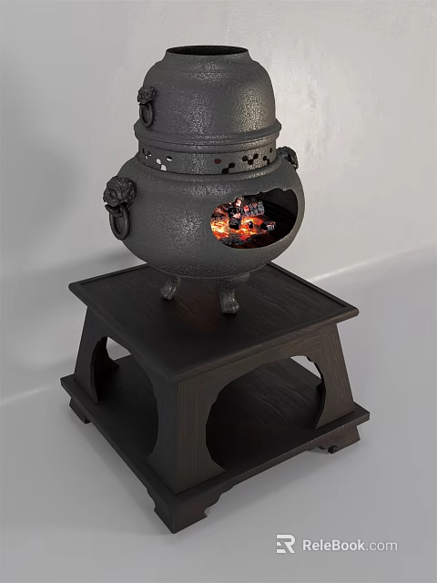 Traditional Cast Iron Stove With Decorative Cutouts And Burning Fire On Wooden Stand 3d model 