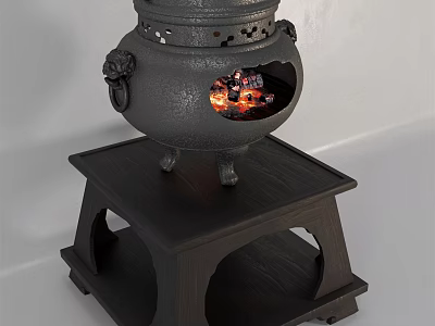 Traditional Cast Iron Stove With Decorative Cutouts And Burning Fire On Wooden Stand 3d model