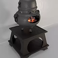 Traditional Cast Iron Stove With Decorative Cutouts And Burning Fire On Wooden Stand