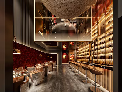 Stylish Bar Interior With Wine Racks Bar Counter Tables Chairs And Ambient Lighting 3d model