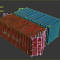 Red And Blue Shipping Containers With Metal Structure And Ladder Access