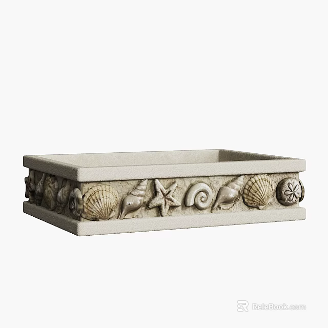 Decorative Rectangular Ceramic Vessel Adorned with Seashells Conchs and Starfish 3d model 
