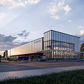 Modern Industrial Factory Building Exterior With Large Glass Windows Metal Cladding And Green Landscaping