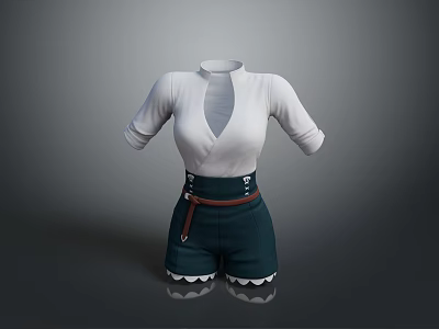 Stylish White Short Sleeve V Neck Top With Leather Belt And Dark Green Ruffled Shorts 3d model
