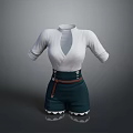 Stylish White Short Sleeve V Neck Top With Leather Belt And Dark Green Ruffled Shorts