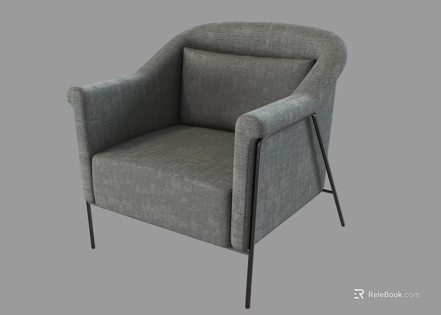 Modern Gray Fabric Single Sofa With Armrest And Black Metal Legs 3d model