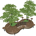 Wooden Outdoor Chairs With Curved Design Surrounded By Trees In Garden