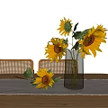 Modern Wooden Dining Table Set With Rattan Back Chairs Black Metal Frames And Sunflower Vase