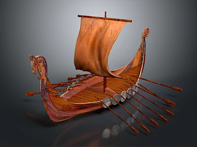 Ancient Wooden Boat with Dragon Head Prow Brown Sail and Rowing Oars on Reflective Surface 3d model