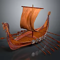 Ancient Wooden Boat with Dragon Head Prow Brown Sail and Rowing Oars on Reflective Surface