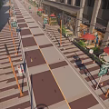 Modern Urban Commercial Landscape With High Rise Buildings Pedestrian Street Shops And Outdoor Seating