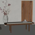 Wooden Bench With White Cushion Small Decor White Vase Red Flowers Wooden Vertical Slat Background