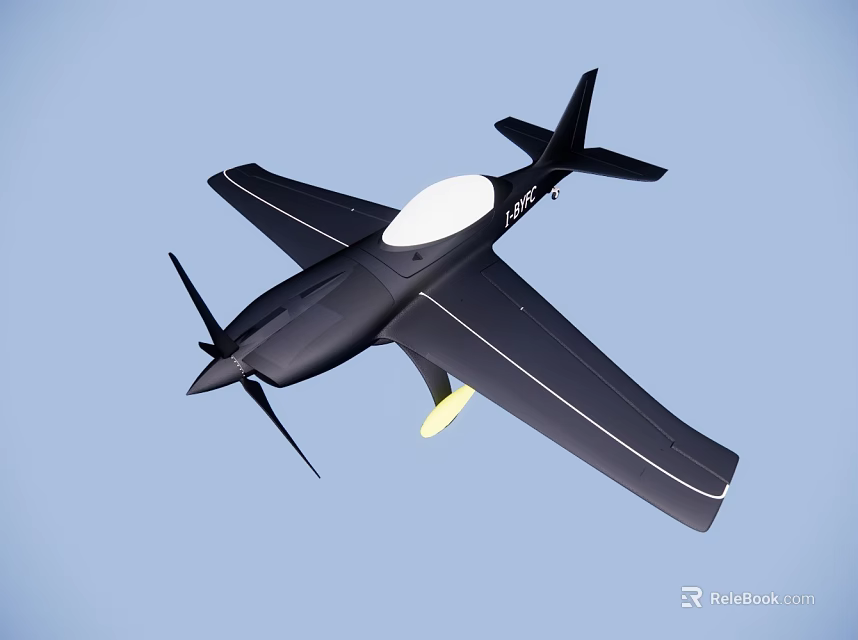 Black Model Airplane with Propeller White Circular Section Flying in Clear Blue Sky 3d model 